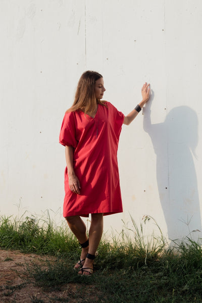 Deep V summer dress- coral red
