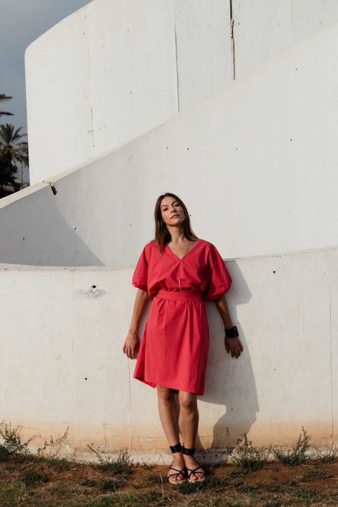 Deep V summer dress- coral red