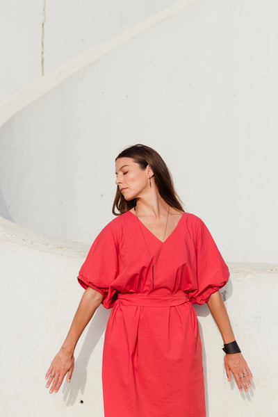 Deep V summer dress- coral red